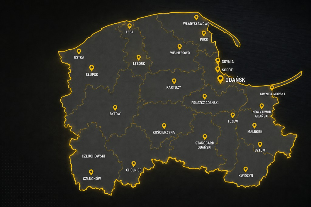 Mapa województwa pomorskiego z głównymi miastami